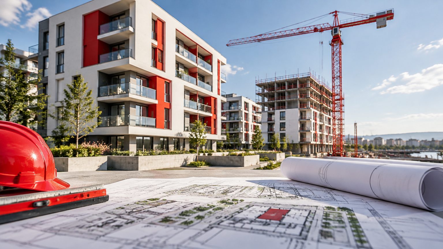 Empreendimento residencial moderno em construção, com guindaste vermelho e plantas arquitetônicas